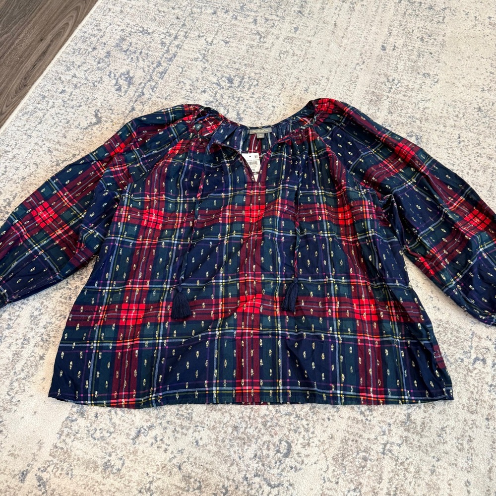 NWT STYLE & CO Womens 2X Plus Plaid Peasant Blouse Metallic Clip Dot Festive